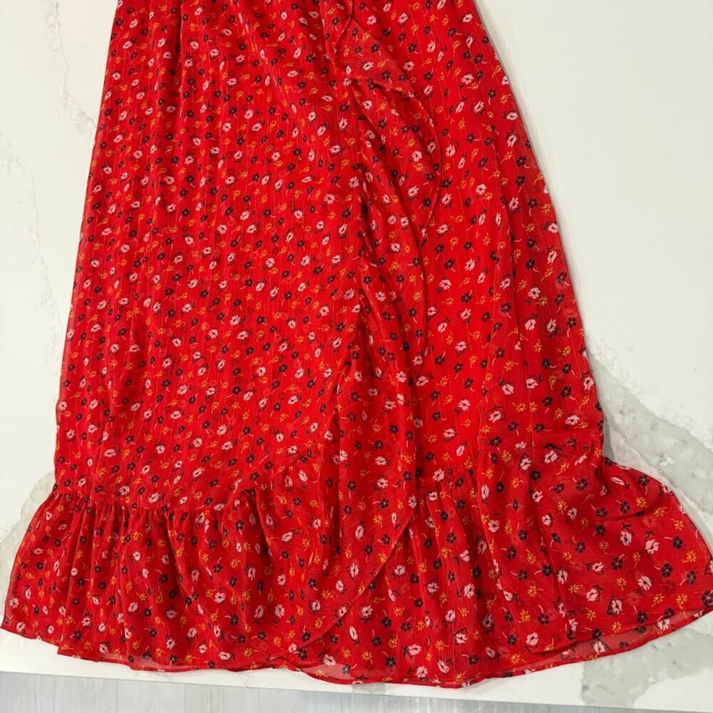 Madewell Ruffle Strap Wrap Dress Women's 4 Metallic Striped Prairie Posies Red - Picture 2 of 8